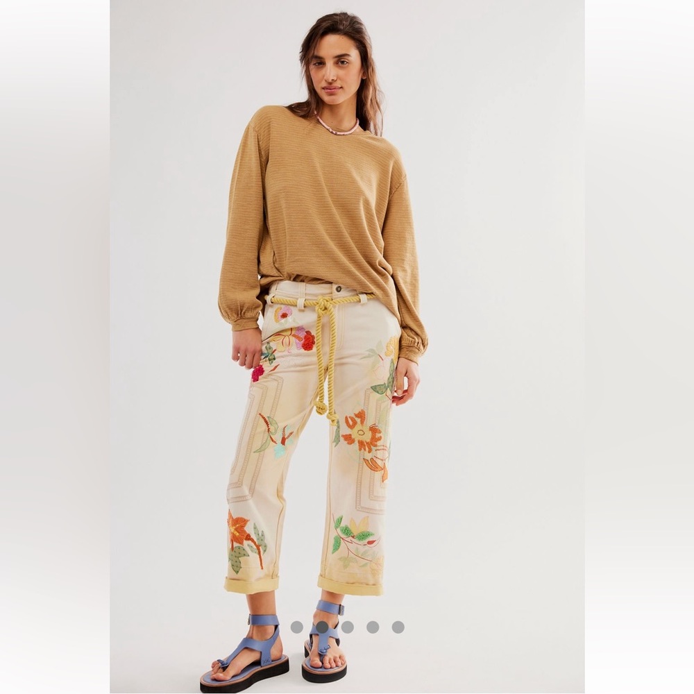 Free People Cream Floral Cropped Embroidered Pants - Picture 3 of 14